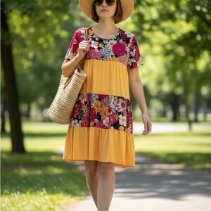 Celeste Yellow and Floral Tiered Midi Dress - Boutique